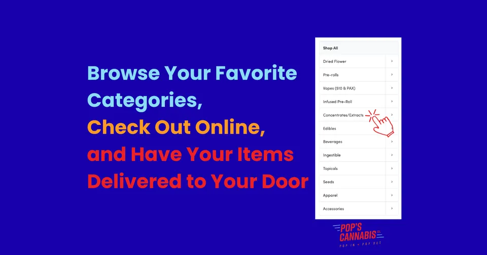 Image of a phone screen browsing cannabis categories, with text that reads 
