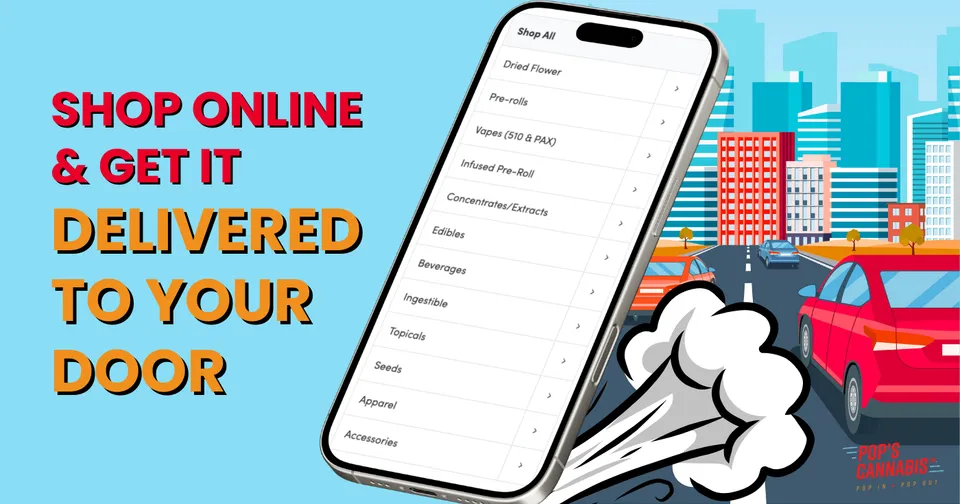 Image of a smartphone with list of cannabis categories in front of a cartoon city with cars driving, next to text that reads 