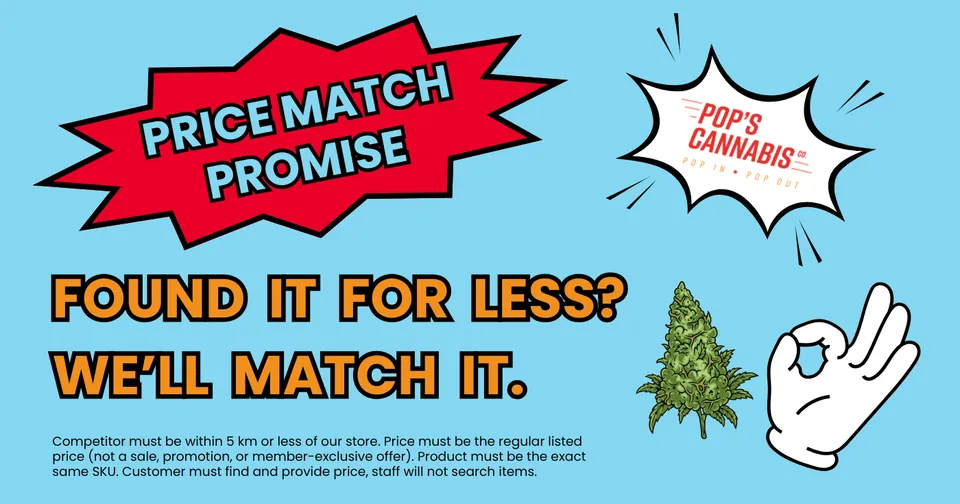 An infographic for Pop's cannabis describing their price match promise with a graphic of a cannabis nugget and a white glove on a blue background.
