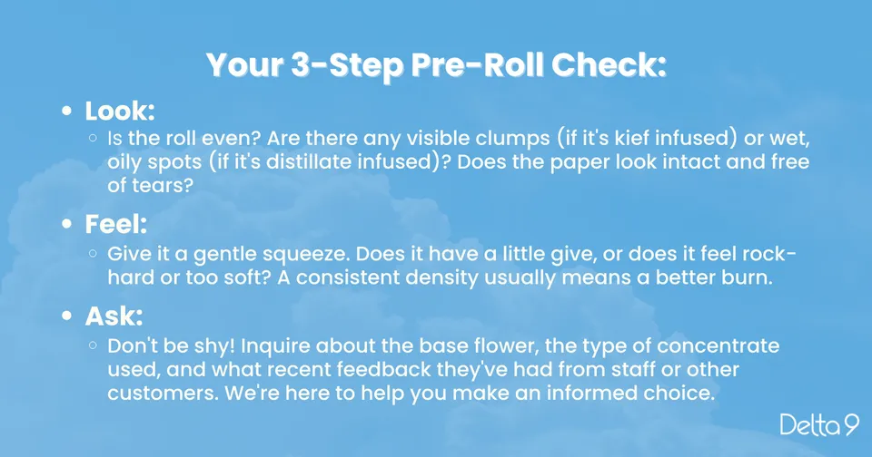 An infographic explaining a three-step method for checking the quality of a cannabis pre-roll, with a blue sky in the background.